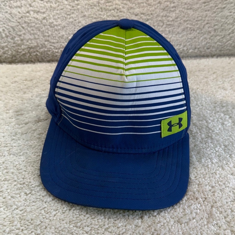 Under Armour Youth S/M Hat Blue Lime Green Striped Stretch Fit Cap‎ Sporty Kid